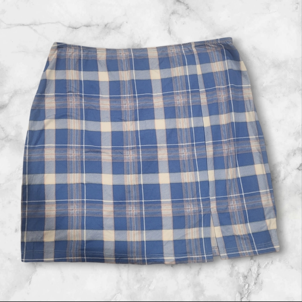 Nwot Just Polly Plaid Mini Skirt With Front Slit Elastic Waist #123